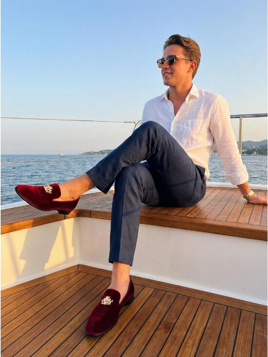 Cenprmon Men\'s Burgundy Elegant Velvet Loafers Metal Buckle Penny Slip On Shoes main image 5